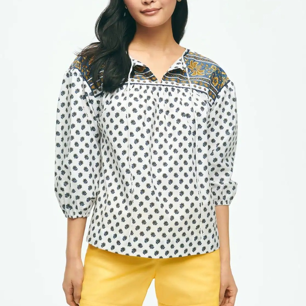Brooks Brothers Floral Paisley Popover Peasant Blouse In White Navy Cotton XL